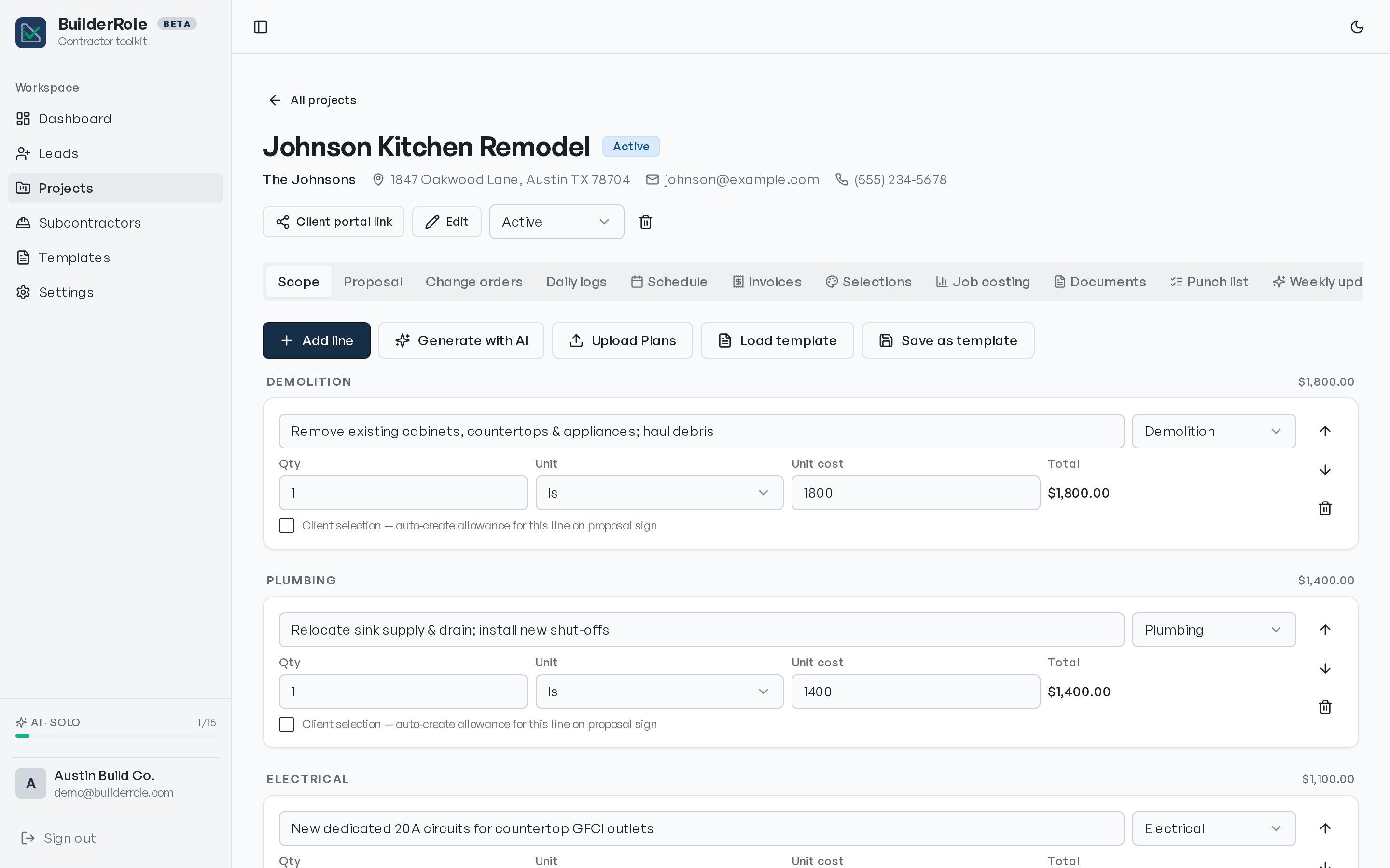 RoofRole job view — scope of work with itemized line costs, schedule, selections, and punch list tabs.